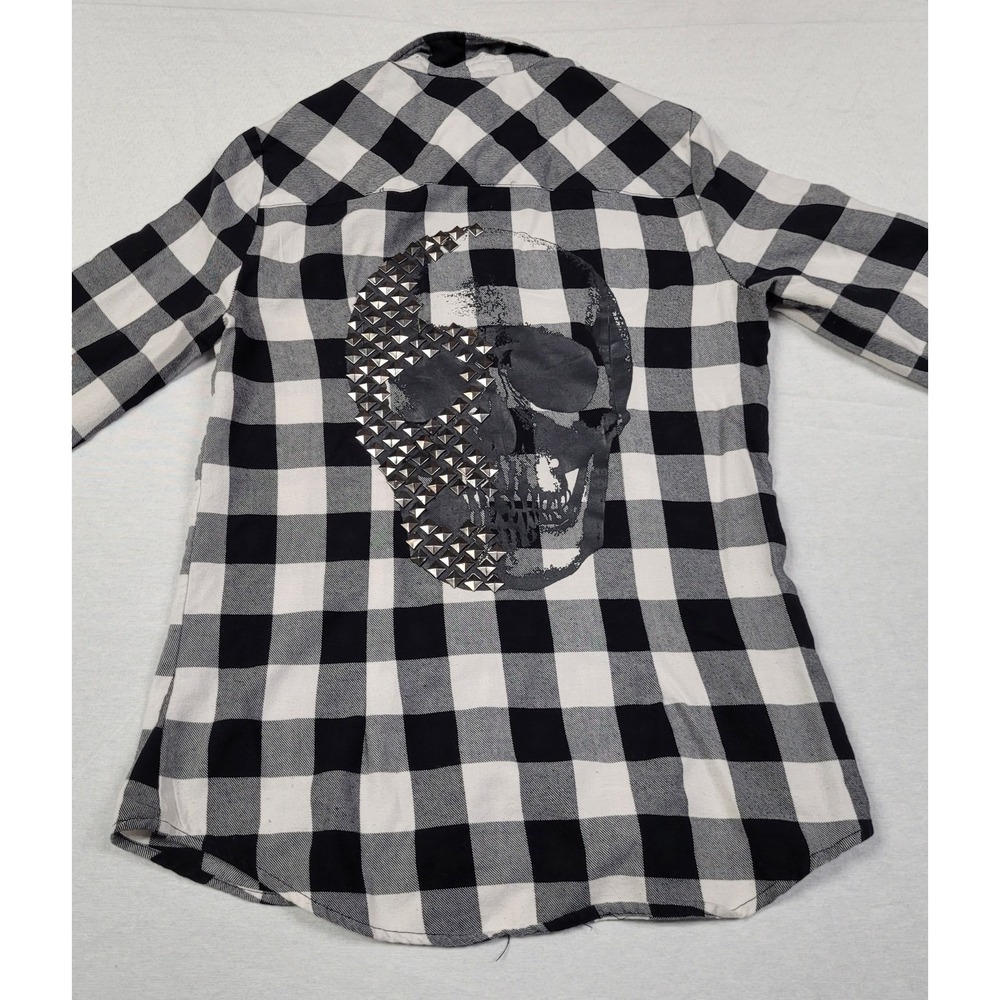 Hot Topic Women's Black & White Plaid Studded Skull Woven Button-Up Shirt Size S